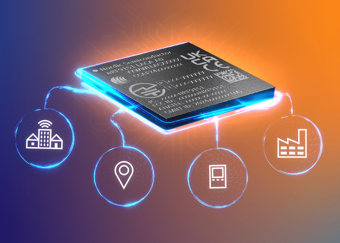 nRF9151 SiP in perspective on colored background 