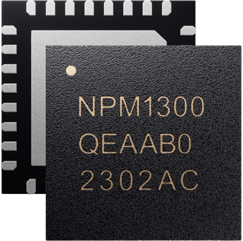 nPM1300_QFN32_5x5_stacked_web.png Front of an IC saying NPM1300, QEAAB0, 2302AC, with back showing QFN pads