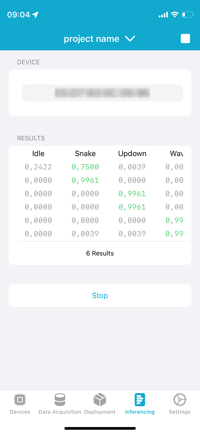 results.png Inferencing results in the nRF Edge Impulse app